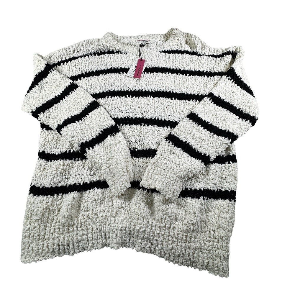 Women's Plus 3X Cozy Popcorn Knit Sweater Ivory Black Striped Long Sleeve NWT